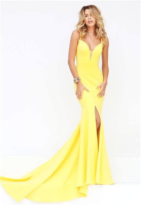 Unique Sexy Mermaid Plunging Neckline Backless High Slit Yellow Satin
