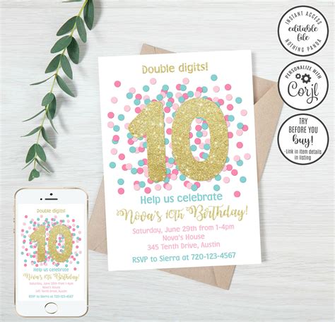 Editable 10th Birthday Invitation 10th Birthday Invite Etsy Australia