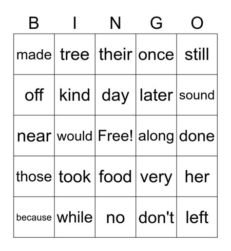 2nd Grade Sight Word Bingo Bingo Card