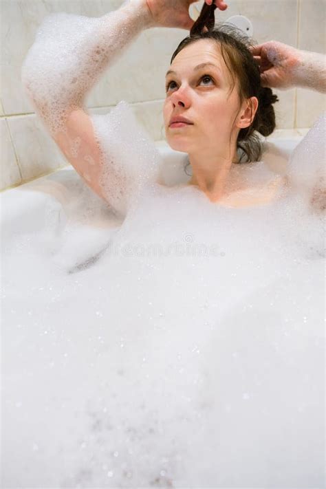 Young Beautiful Brunette Woman Takes Bubble Bath Stock Image Image Of