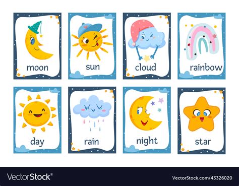 Flat Cute Weather Flash Cards For Preschool Kids Vector Image