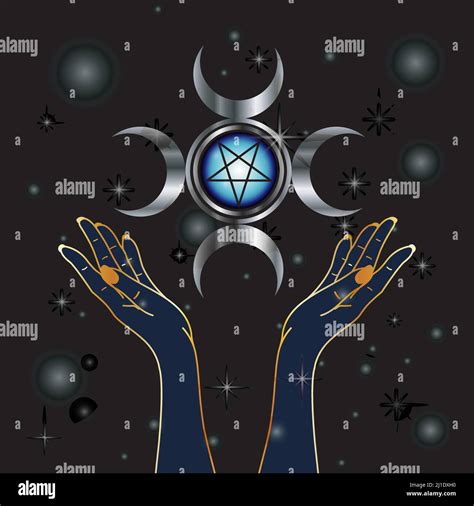 Triple Goddess Pagan Symbol And Hands Holding An Inverted Pentacle