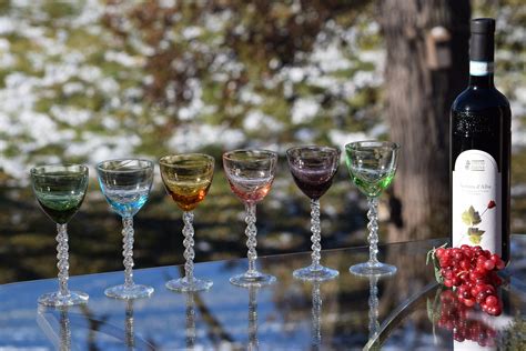 Vintage Multi Colored Clear Twisted Stem Wine Glasses Set Of 6 4 Oz