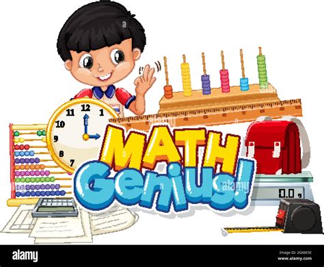 Font Design For Word Math Genius With Boy And School Items Stock Vector