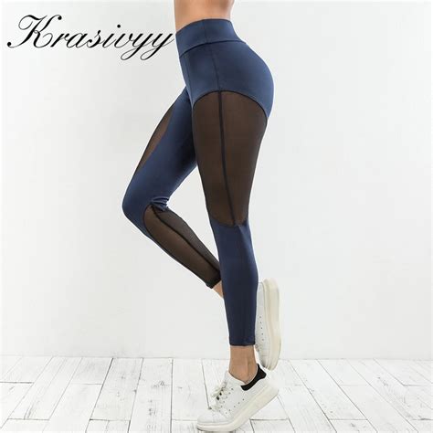 Krasivyy Ladies New Blue Mesh Patchwork Push Up Hip Leggings Breathable And Quick Drying Legging