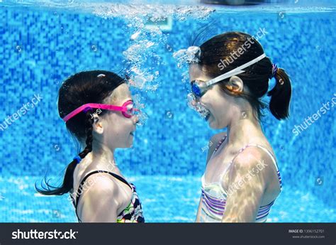 Children Swim Swimming Pool Underwater Happy Stock Photo 1396152701