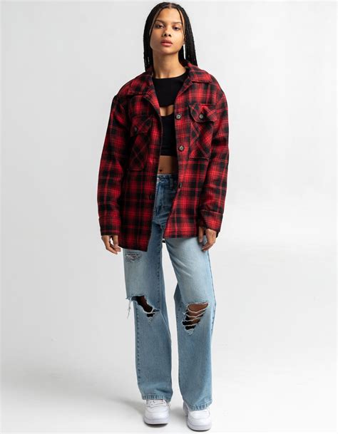 Ashley Womens Sherpa Plaid Shacket Redblack Tillys