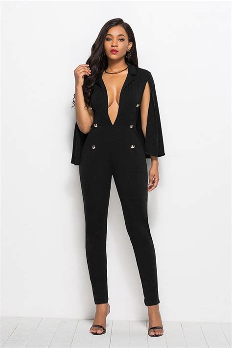 Black Tight Fitted Jumpsuit With V Neck And Cape Style