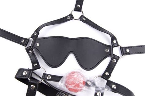 Open Mouth Ball Gag Leather Head Harness Straps Blindhold Eye Mask