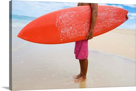 Hawaii Kauai Man Holding Surfboard On Beach View From Side Wall Art