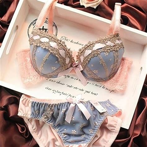 Women Sexy Push Up Bra Set Lace Flower Embroider Bow Decor Knickers Underwear In Bra And Brief
