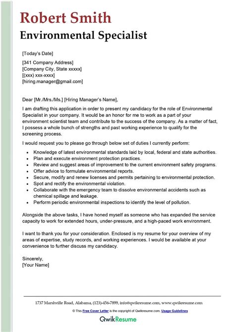 Environmental Specialist Cover Letter Examples Qwikresume