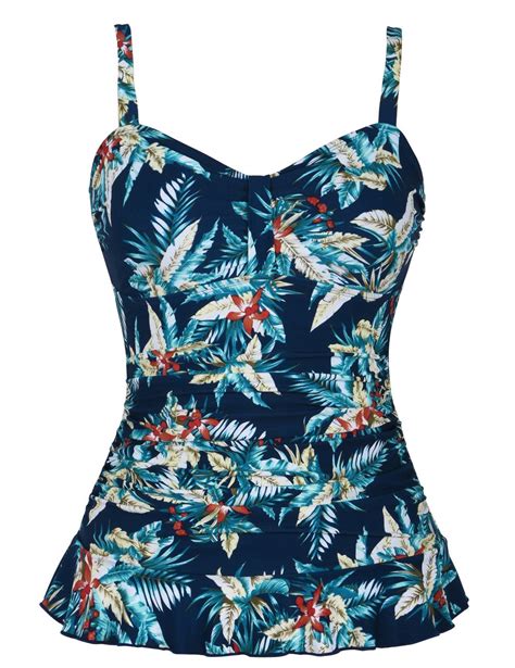 Hilor Womens 50s Retro Ruched Tankini Swimsuit Top With Ruffle Hem