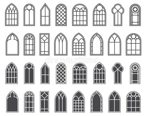 Church Windows Set Silhouettes Of Gothic Arches In Line And Glyph