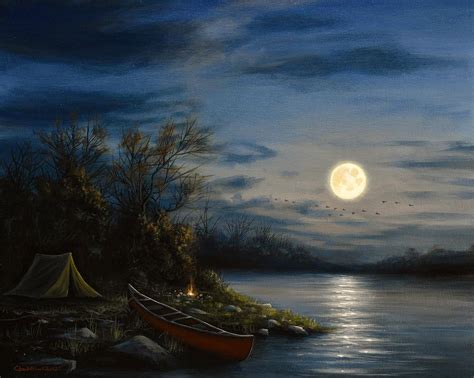 Original Art Full Moon Landscape Painting Camping Art Signed By