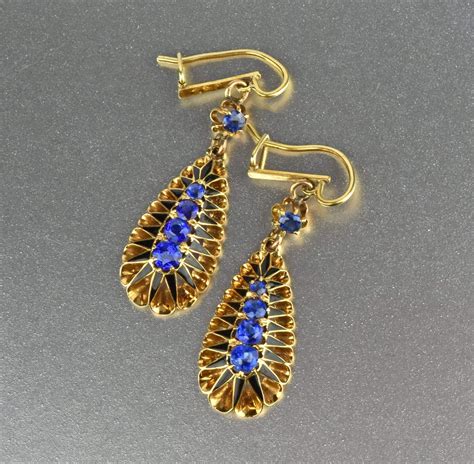 Victorian K Gold Sapphire Blue Stone Drop Earrings Earrings