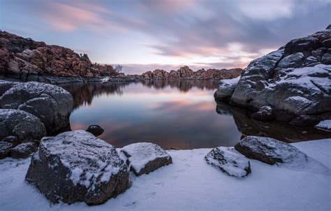 Due to harsh winters, some areas are seasonal and inaccessible for parts of the year. Wallpaper winter, lake, sunrise, morning, Arizona ...