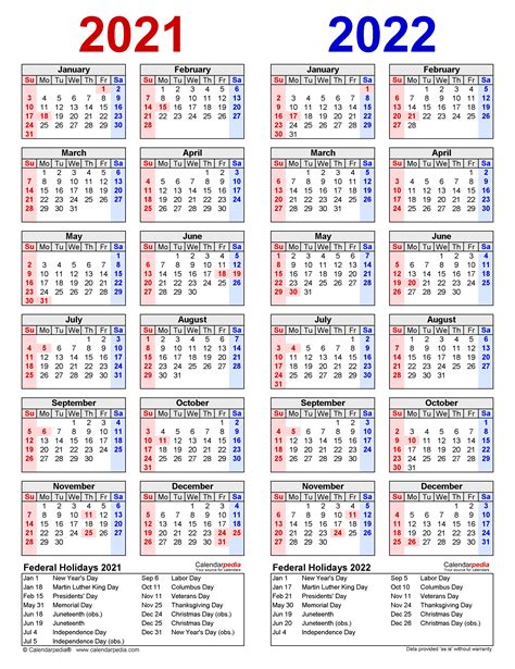 2021 2022 Year Calendar Printable