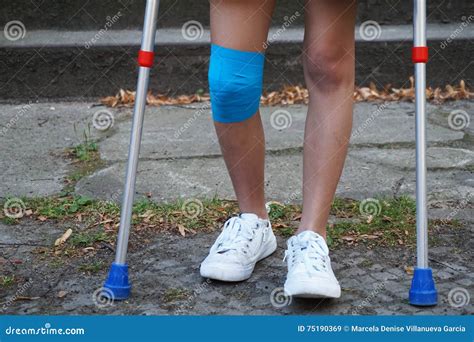 Little Girl With Crutches At The Stair Stock Image Image Of Insurance