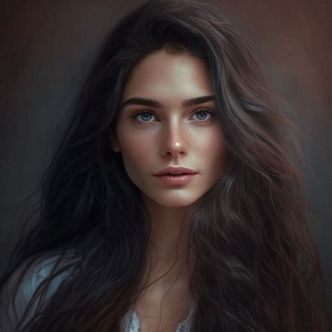 A Painting Of A Woman With Long Dark Hair And Blue Eyes Wearing A