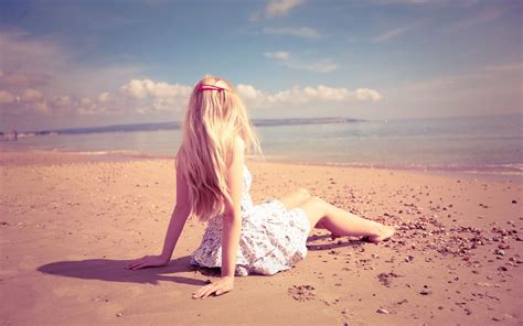 Sand Women Women Outdoors Beach Blonde Long Hair Depth Of Field