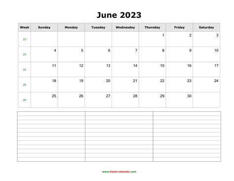 Download June 2023 Blank Calendar With Space For Notes Horizontal