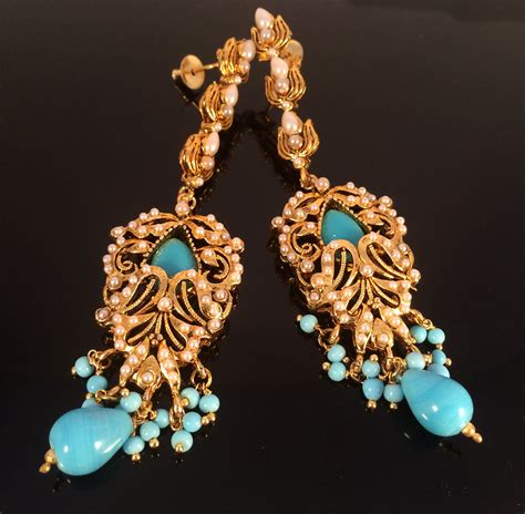 Turquoise Gold Victorian Chandelier Earringsbridal Chandelier Etsy