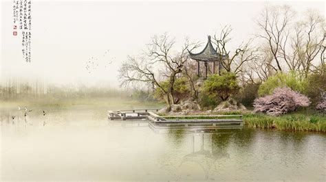 wallpaper pemandangan lukisan arsitektur asia danau alam