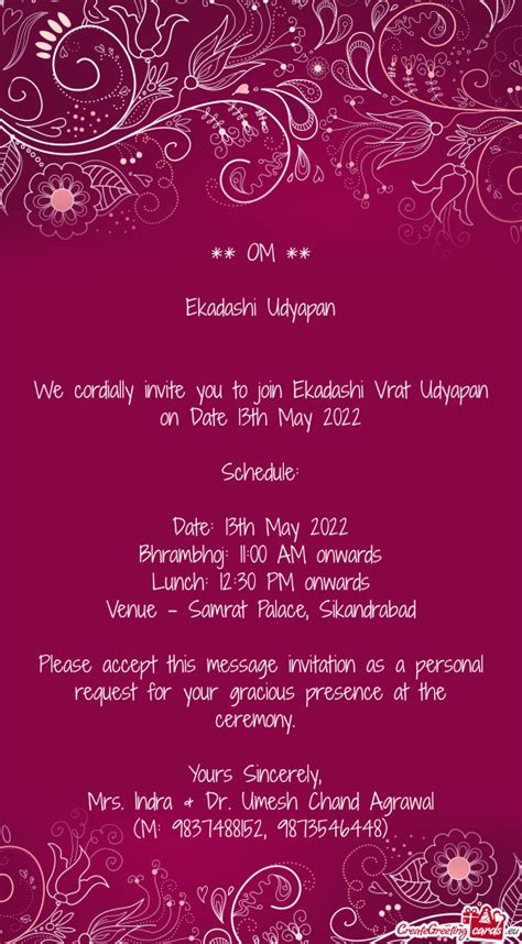 We Cordially Invite You To Join Ekadashi Vrat Udyapan On Date 13th May
