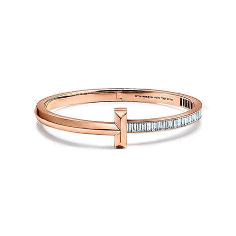 Tiffany T T1 Wide Hinged Bangle In 18k Rose Gold With Baguette Diamonds