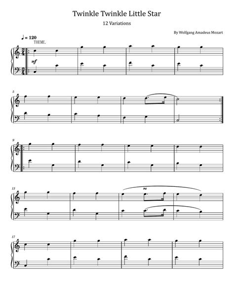 Wolfgang Amadeus Mozart Twinkle Twinkle Little Star 12 Variations For Piano Solo Sheets By