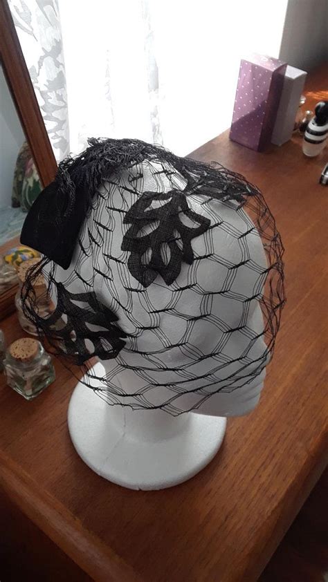 1950s Birdcage Veil Hat Headpiece Applique Back Bow Etsy Hair