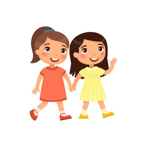 Two Little Girls Go Holding Hand Cartoon Characters Stock