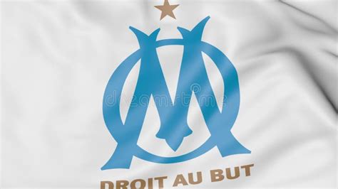Close Up Of Waving Flag With Olympique De Marseille Football Club Logo