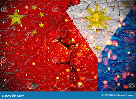 Grunge Philippine Vs China National Flags Icon Pattern Isolated On Broken Cracked Wall