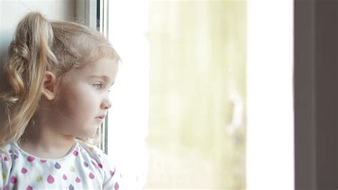 Sad Alone Child Looking Out Window Glass Unhappy Bored Little Girl