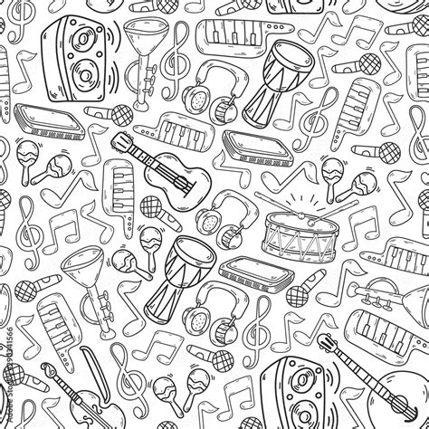 Music Doodles Collection Vector Musical Instruments Seamless Stock