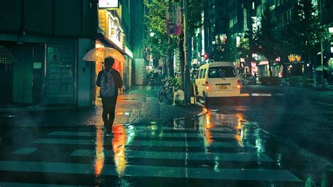 Japanese Student Walking In The Rain Shinjuku Rainy City Light Study