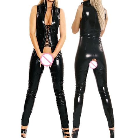 Sexy Black Sleeveless Jumpsuit Open Crotch Costumes Spandex Erotic Fetish Catsuit Latex Faux Pvc