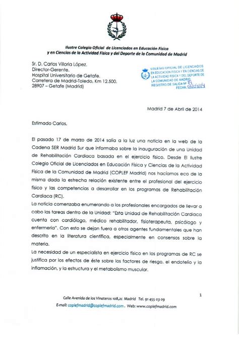 Carta Remitida Al Director Gerente Del Hospital De Getafe