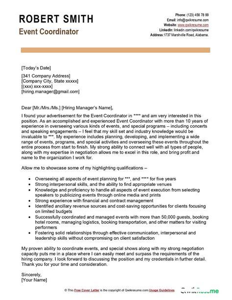 Event Coordinator Cover Letter Examples Qwikresume