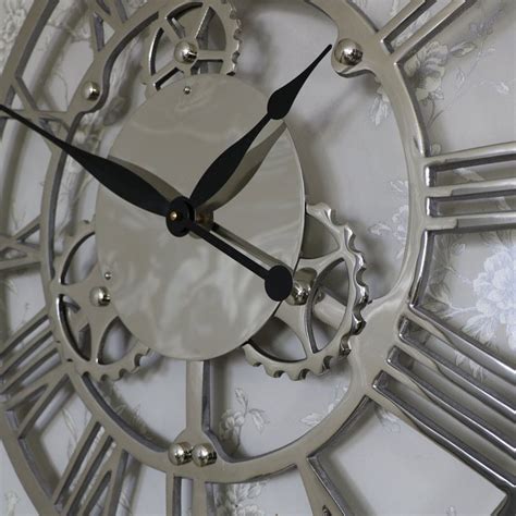 Large Silver Nickel Cog Skeleton Wall Clock Melody Maison Skeleton