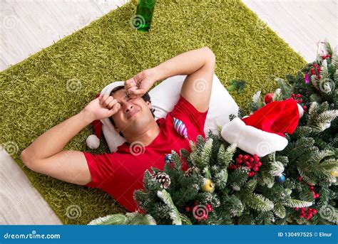 The Young Man Drunk At Home After Christmas Party Stock Image Image Of Glass Christmas 130497525