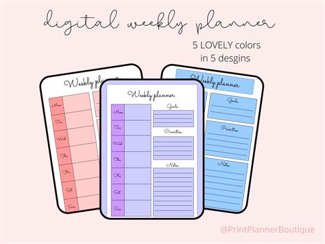 Digital Weekly Planner Bundle 5 Colors And 5 Designs Weekly Etsy