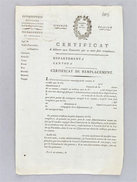 Loi Du 11 Germinal An Xi - Certificat à Délivrer aux Conscrits qui se sont fait remplacer. [ Rare