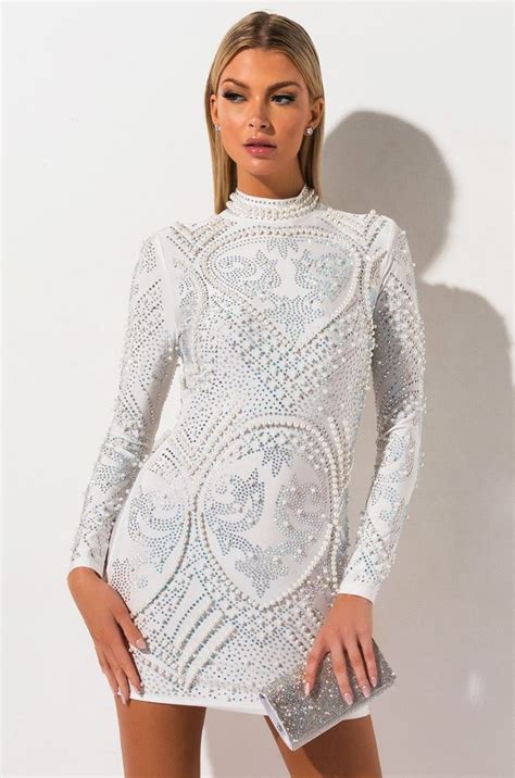 akira label long sleeve bodycon sequin and pearl embellished mini dress in white 90 polyester