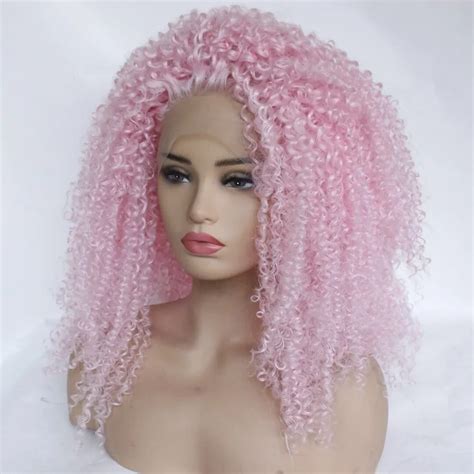 Marquesha Kinky Curly Pink Synthetic Lace Front Wig Heat Resistant Fiber Replacement Tight Curly