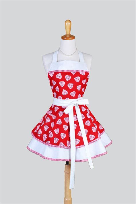 Ruffled Retro Hearts A Flutter On Sweetheart Red And White Gingham Womans Kitchen Apron