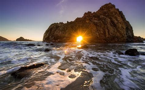 2560x1600 Nature Sunset Sea Waves Sunlight Rock Wallpaper