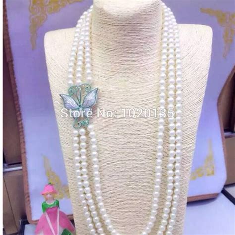 3rows Freshwater Pearl White Round 7 8mm Necklace Butterfly Wholesale